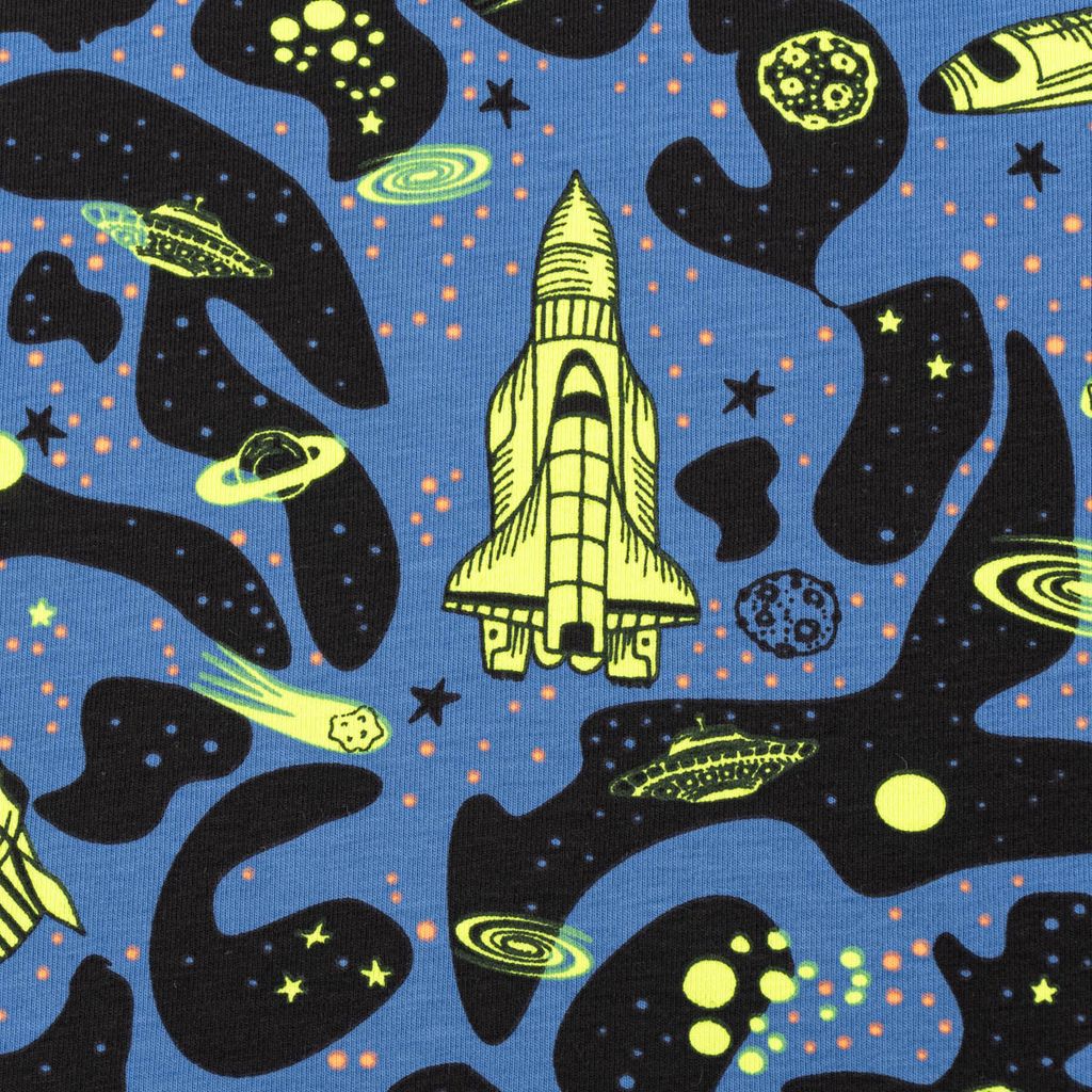 Jersey Stoff NEON SPACE Weltraum Rakete blau neon gelb 1,45m Breite