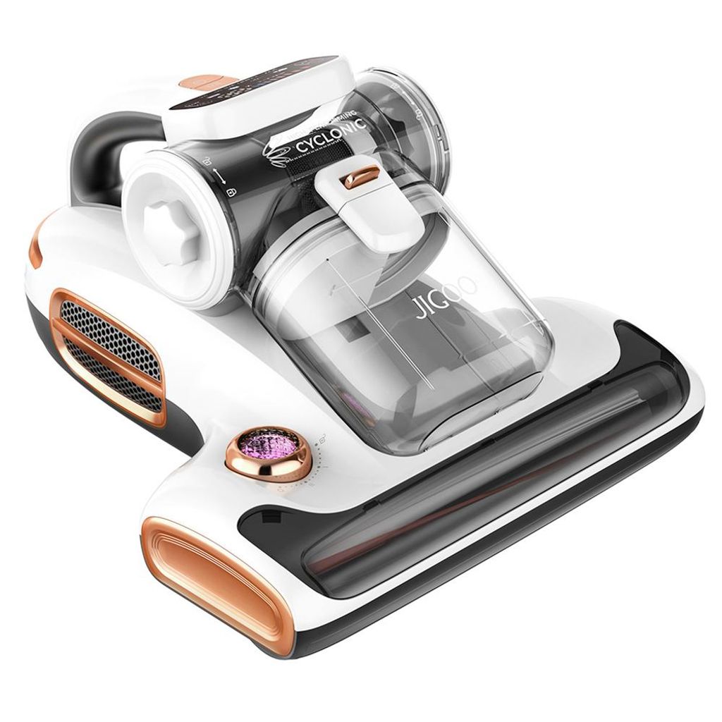 A white and copper colored handheld vacuum cleaner is shown against a white background.