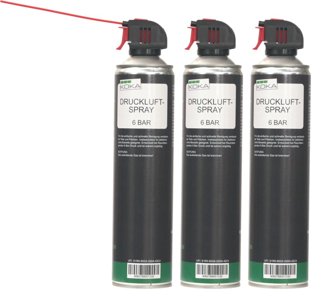 Three cans of compressed air spray are shown against a white background.