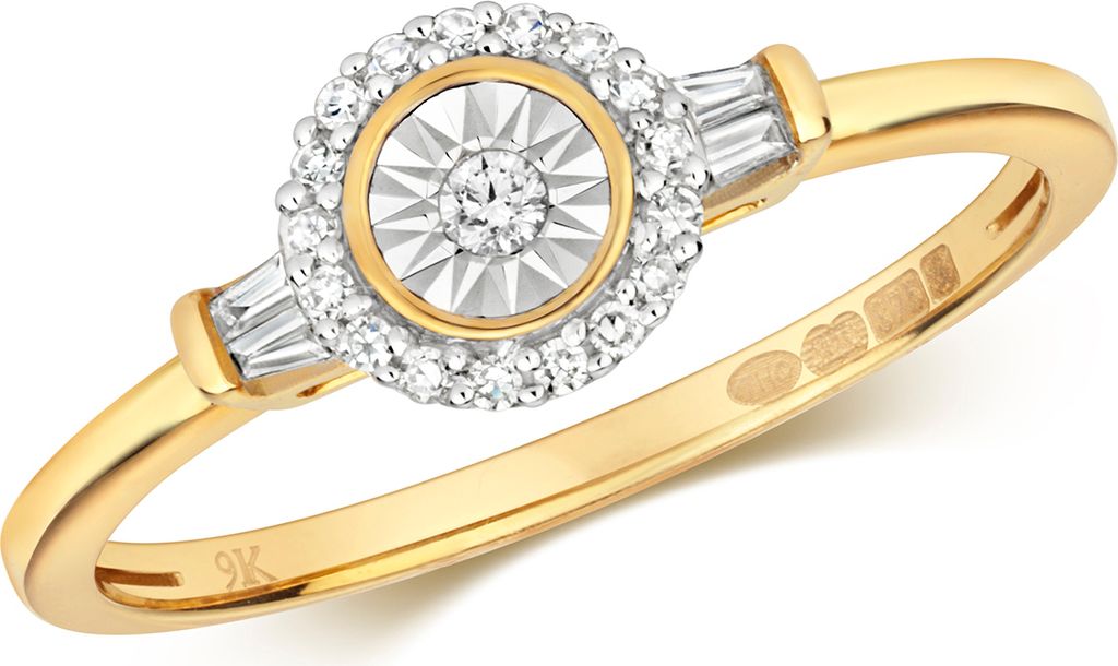Funkelndes Feuer 9 Karat (375) Gold Solitär Verlobung Diamant Damenring Brillant-Schliff 0.13 Karat H - I1, 50 (15.9); TRS319109KYRSK