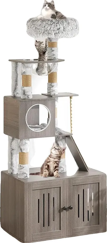 Arbre à chat multi-niveaux gris avec niche de litière fermée et sisal