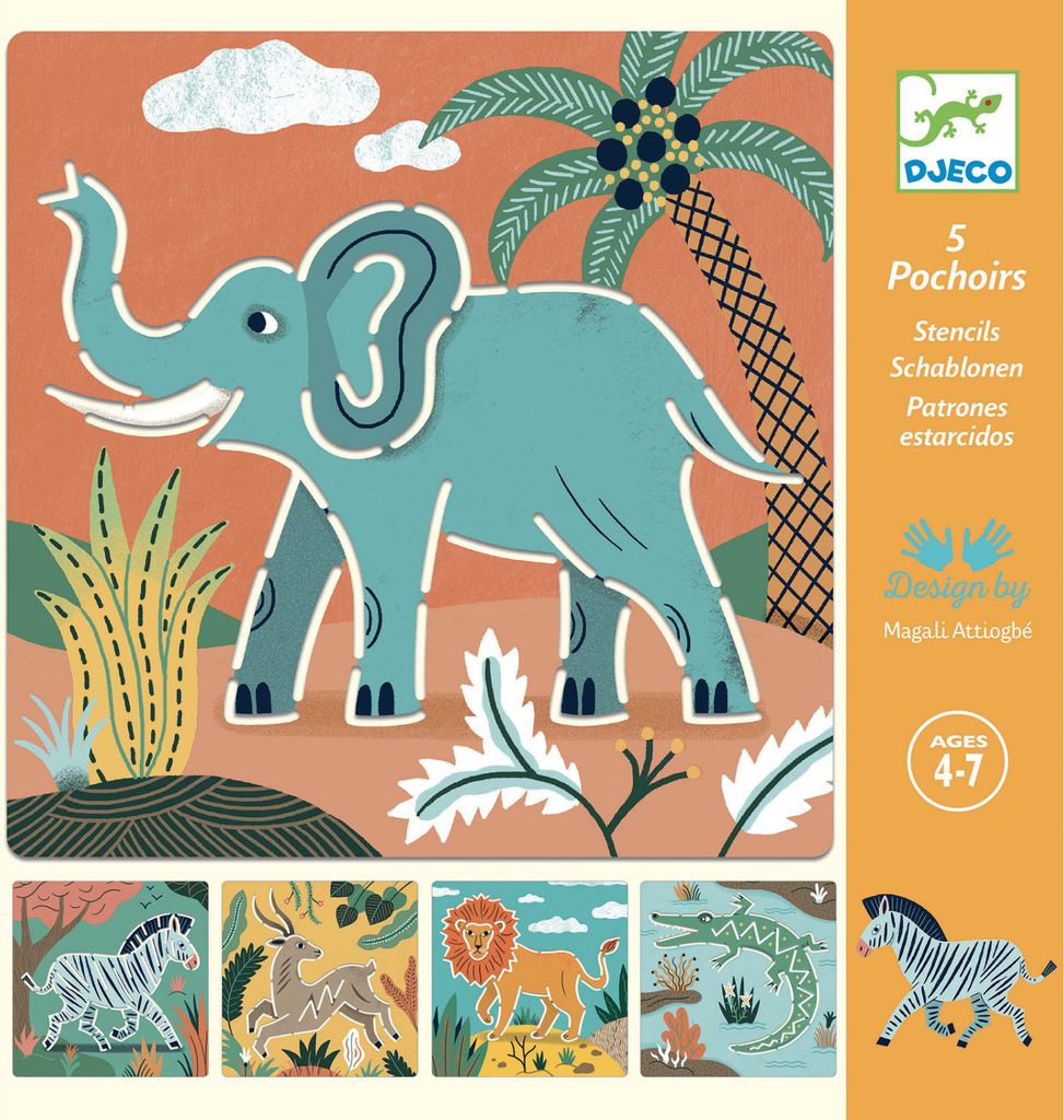 Djeco Zeichenschablonen Wilde Tiere 20x20 cm, 5er-Set mit breiten Rillen für Kinder 4-7 Jahre