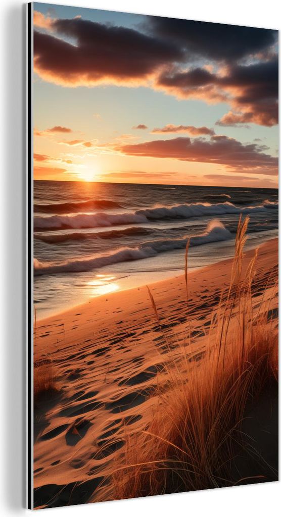 MuchoWow Wanddekoration Metall Metallbild Wandkunst 60x90 cm Strand - Sonnenuntergang - Dünen - Meer - Hochgras MuchoWow Aluminium Gemälde - Wand...