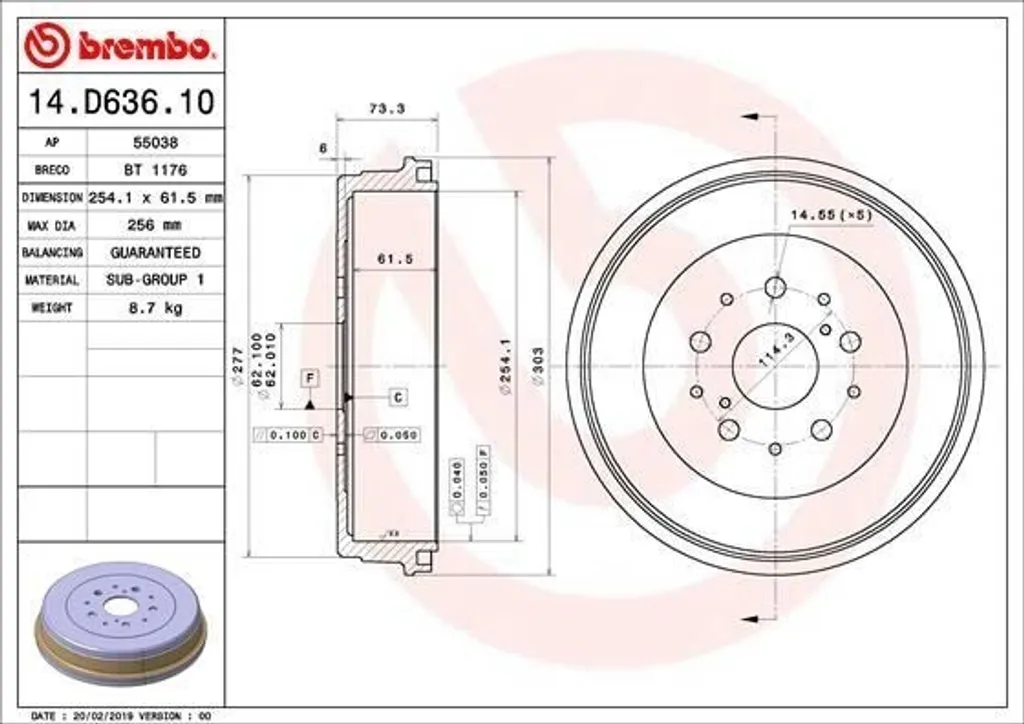 Tambour de frein Brembo 14.D636.10 - Corrige les vibrations Toyota Hilux