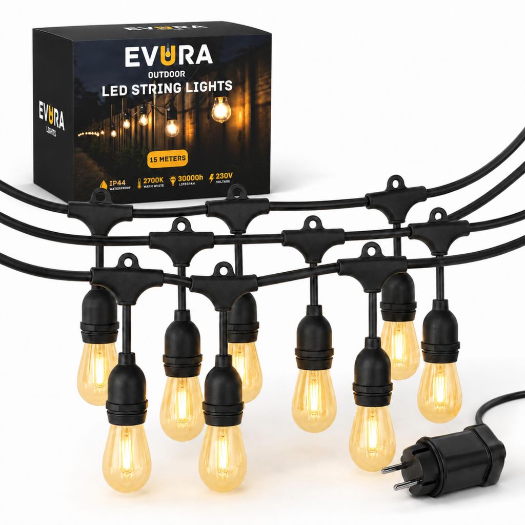 Evura Lichterkette – 15 Meter – 23 Lampen – IP65 – Warmweiß Produktbild 