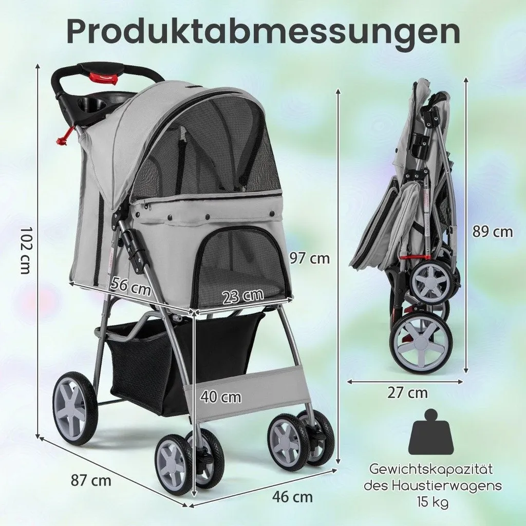 Poussette pour animaux grise 15kg avec fenêtres filet et porte-gobelet