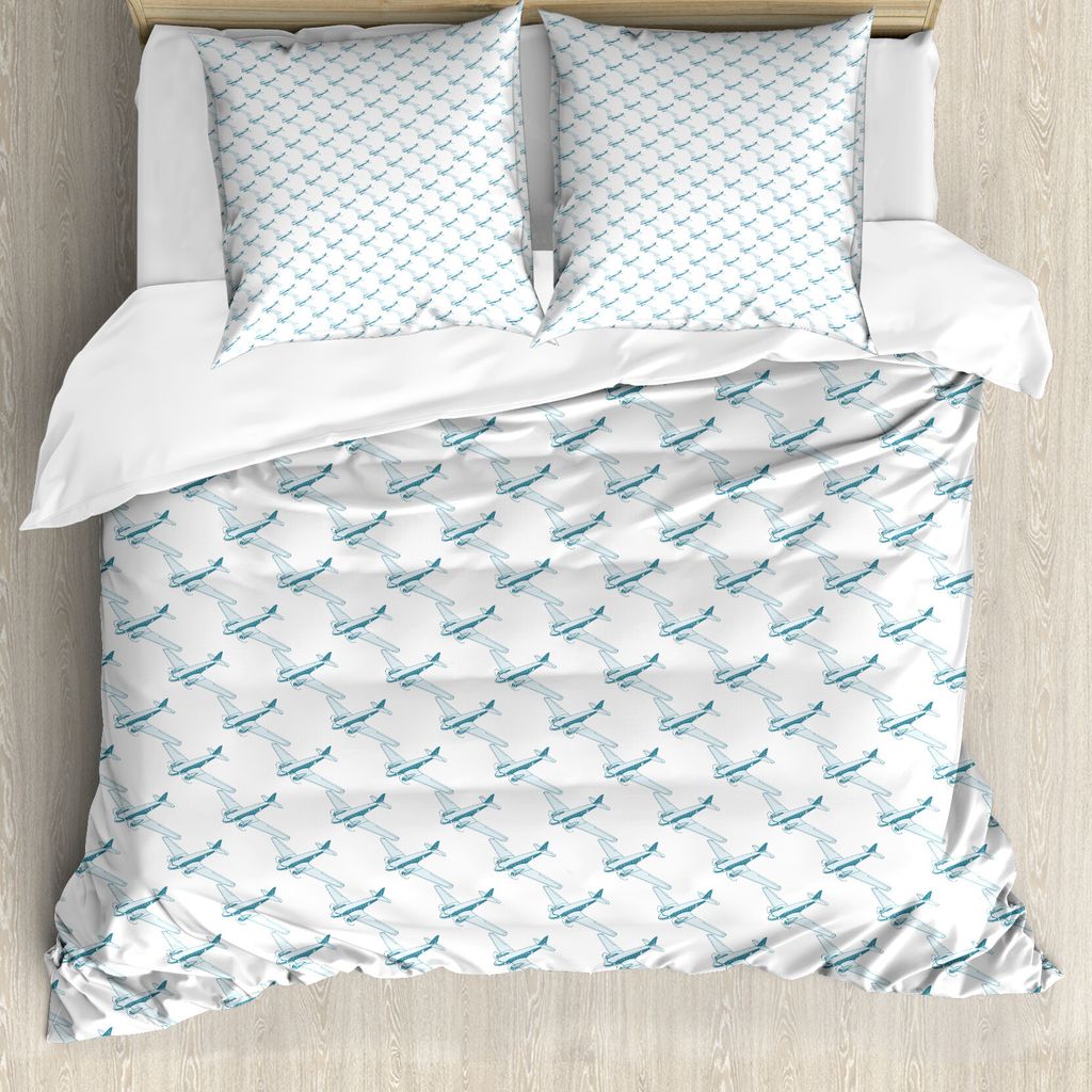 ABAKUHAUS Weinlese-Flugzeug Bettbezug, Travel Pattern, Milbensicher Allergiker geeignet mit Kissenbezügen, 155 cm x 220 cm - 80 x 80 cm, Blassblau...