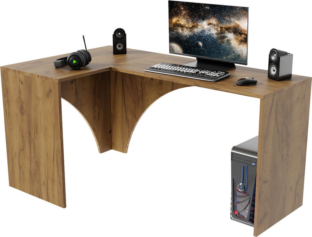 SKXMobel Eckschreibtisch Gaming Computer, Computertisch Gaming-Schreibtisch PC-Tisch, Mordern Gaming-Schreibtisch in Naturholz 150x74x90 cm L-Form