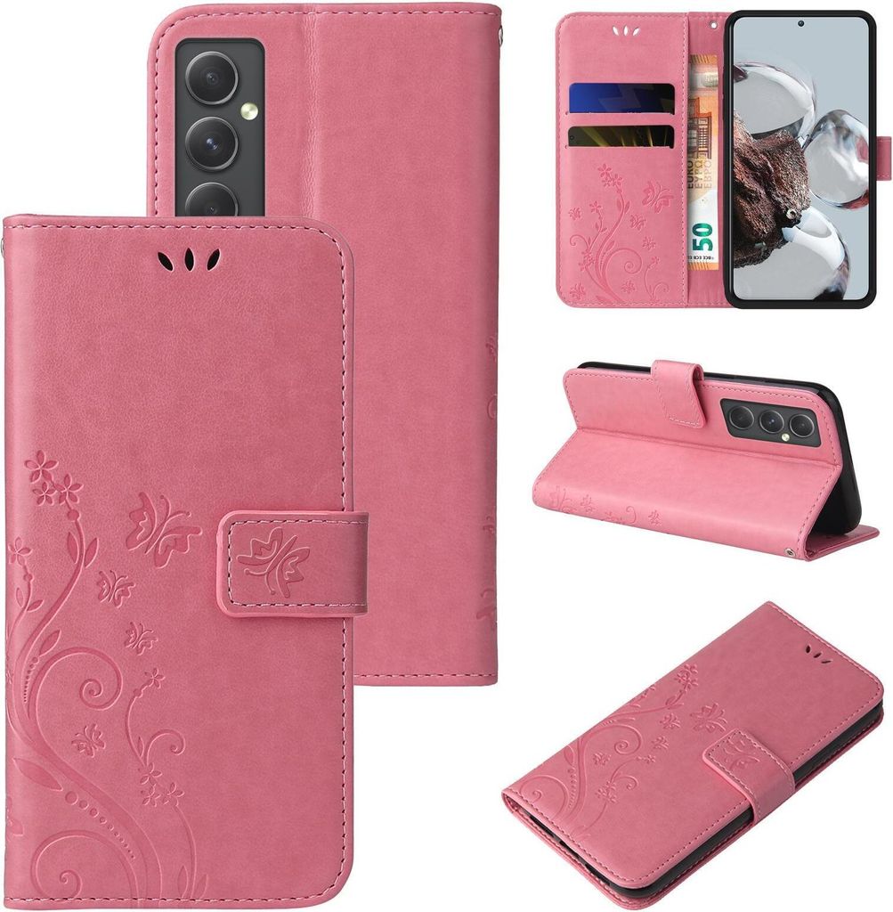 Collage of images showing a pink floral butterfly embossed flip phone case from multiple angles, including open and closed views, and with a phone inserted.