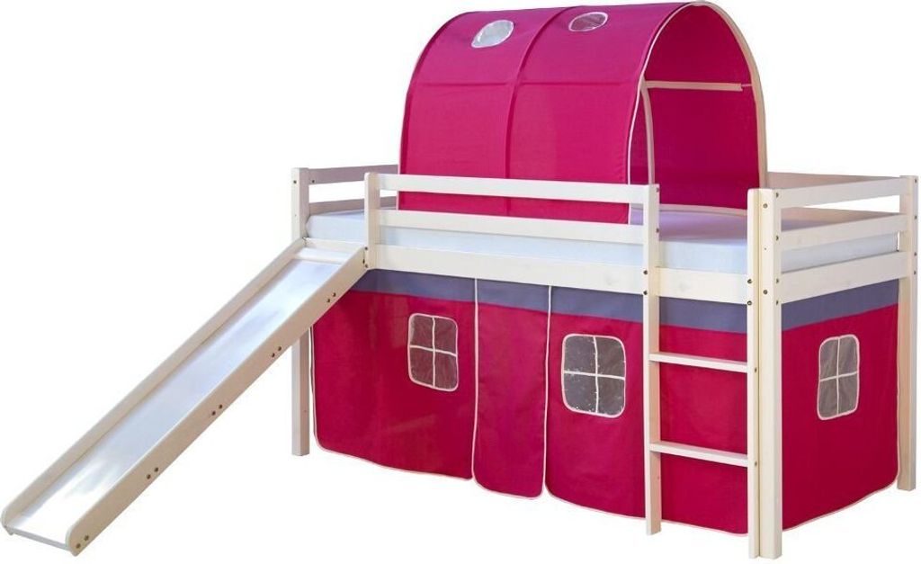 Homestyle4u Kinder Hochbett Mit Rutsche Leiter Vorhang Pink Massivholz Kiefer Weiß 90x200 cm