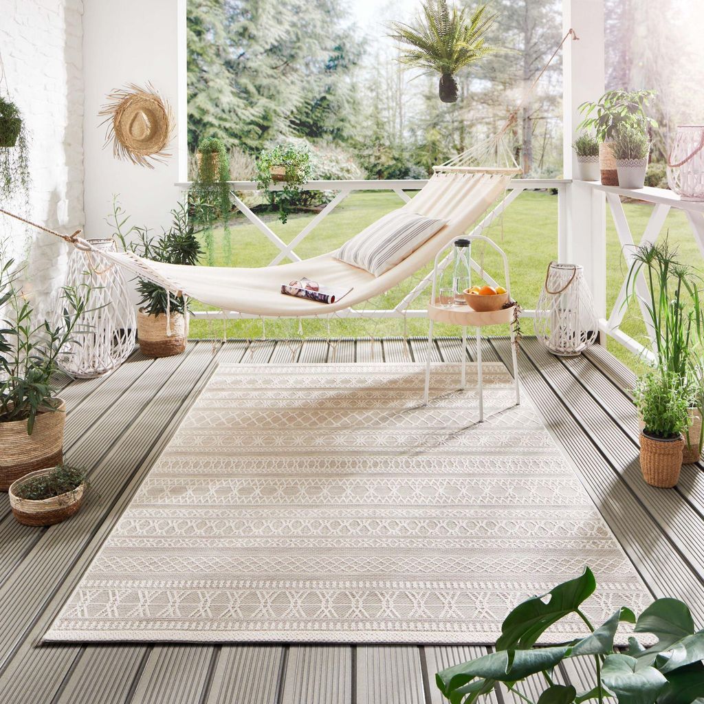 Steffensmeier Indoor Outdoor Teppich Nyland wasserfest Kunststoff Balkon Garten Flur, strapazierfähig und pflegeleicht, Streifen Beige, Größe: 1...