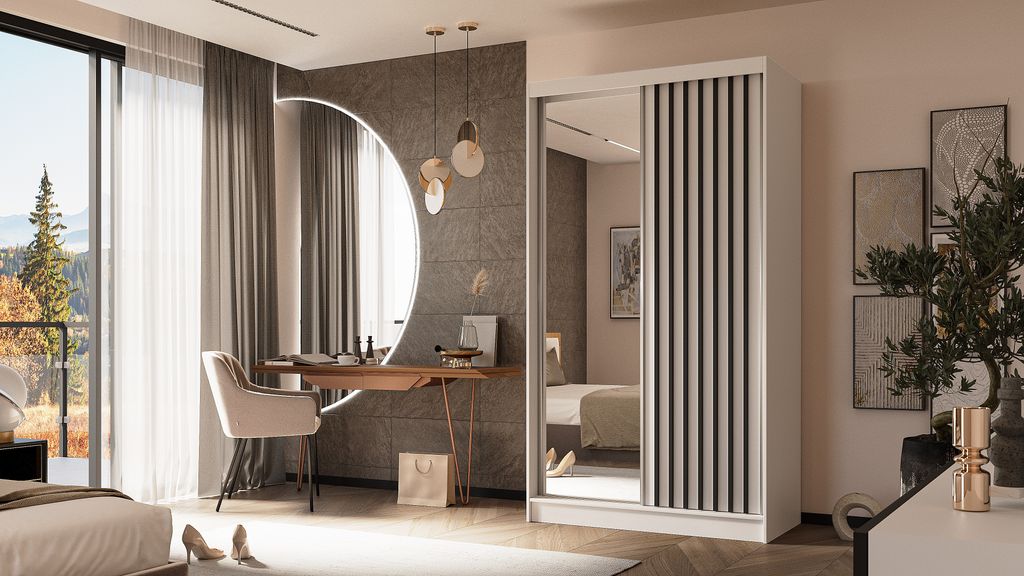 ALTDECOR Kleiderschrank mit Spiegel und Schiebetüren, kugelgelagerte Führungsschienen und Aluminium-Leisten - LAMELO - 120 cm - Weiß/Weiß/Schwarz