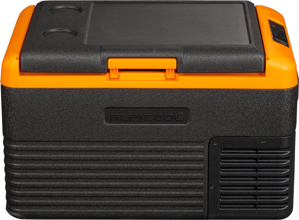A black and orange portable cooler/refrigerator with a logo on the front.