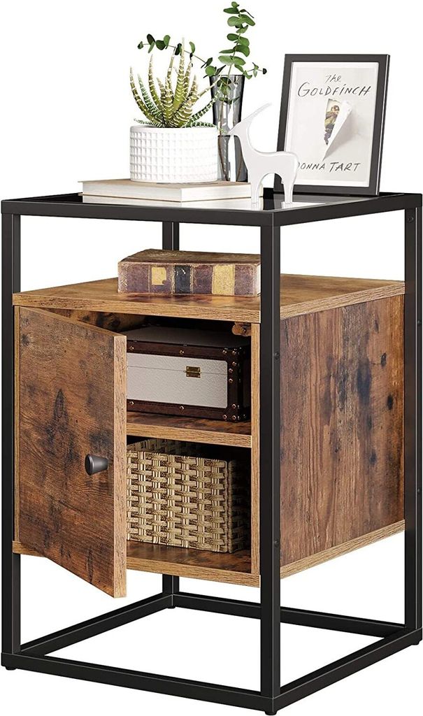 Nachttisch - aus Holz und gehärtetem Glas - mit Schrank - Industriestil - Vintage braun