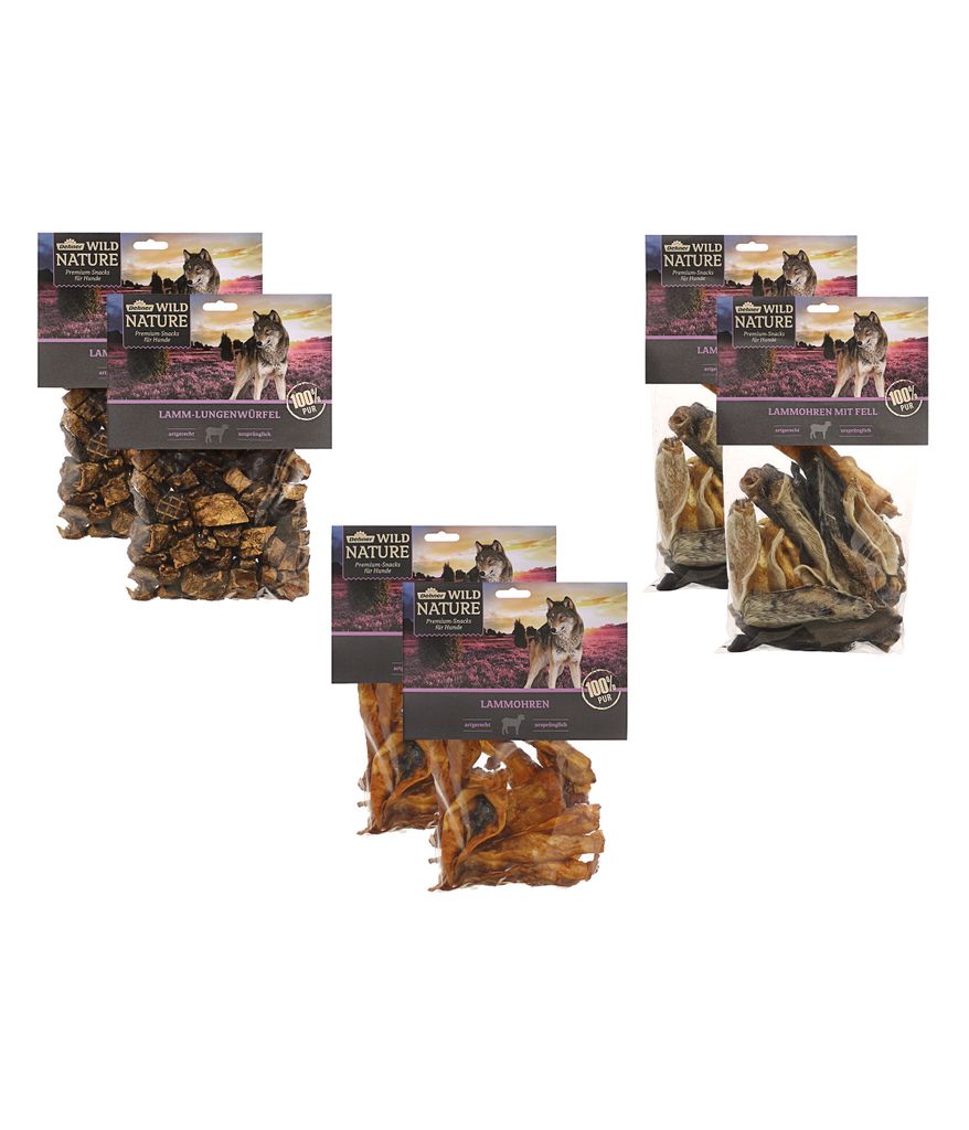 Dehner Wild Nature Hundesnack-Set Adult, Lamen, Lamen mit Fell und Lamm-Lungenwürfel, je 2 x 200 g (1200 g)