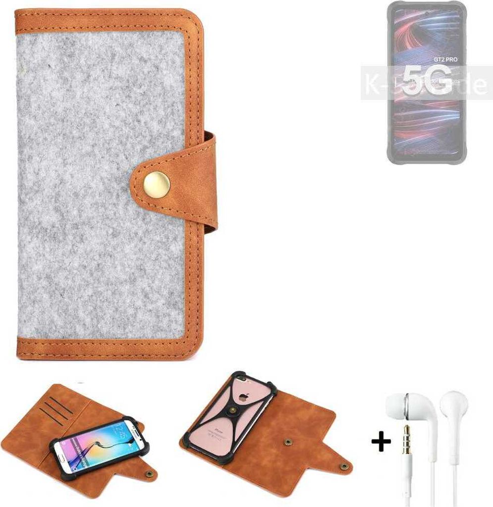 K-S-Trade Handyhülle + Kopfhörer kompatibel mit UMIDIGI Bison GT2 Pro 5G Schutzhülle Filz Hülle Kunstleder hellgrau braun (1x)