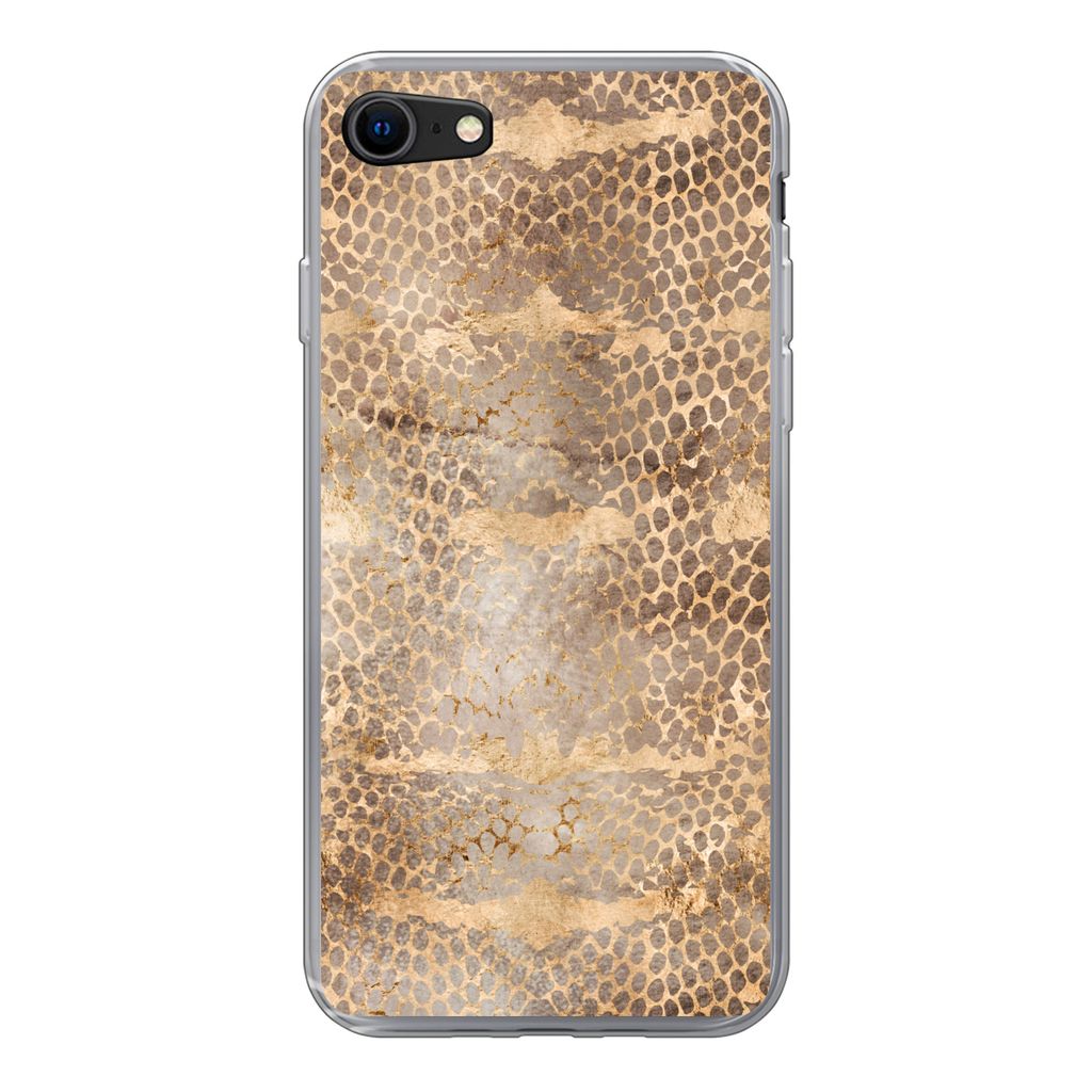 MuchoWow Handyhülle Schutzhülle Hülle für iPhone 7 Schlangendruck - Gold - Braun Silikon Softcase Handy Hülle - Kartenhalter