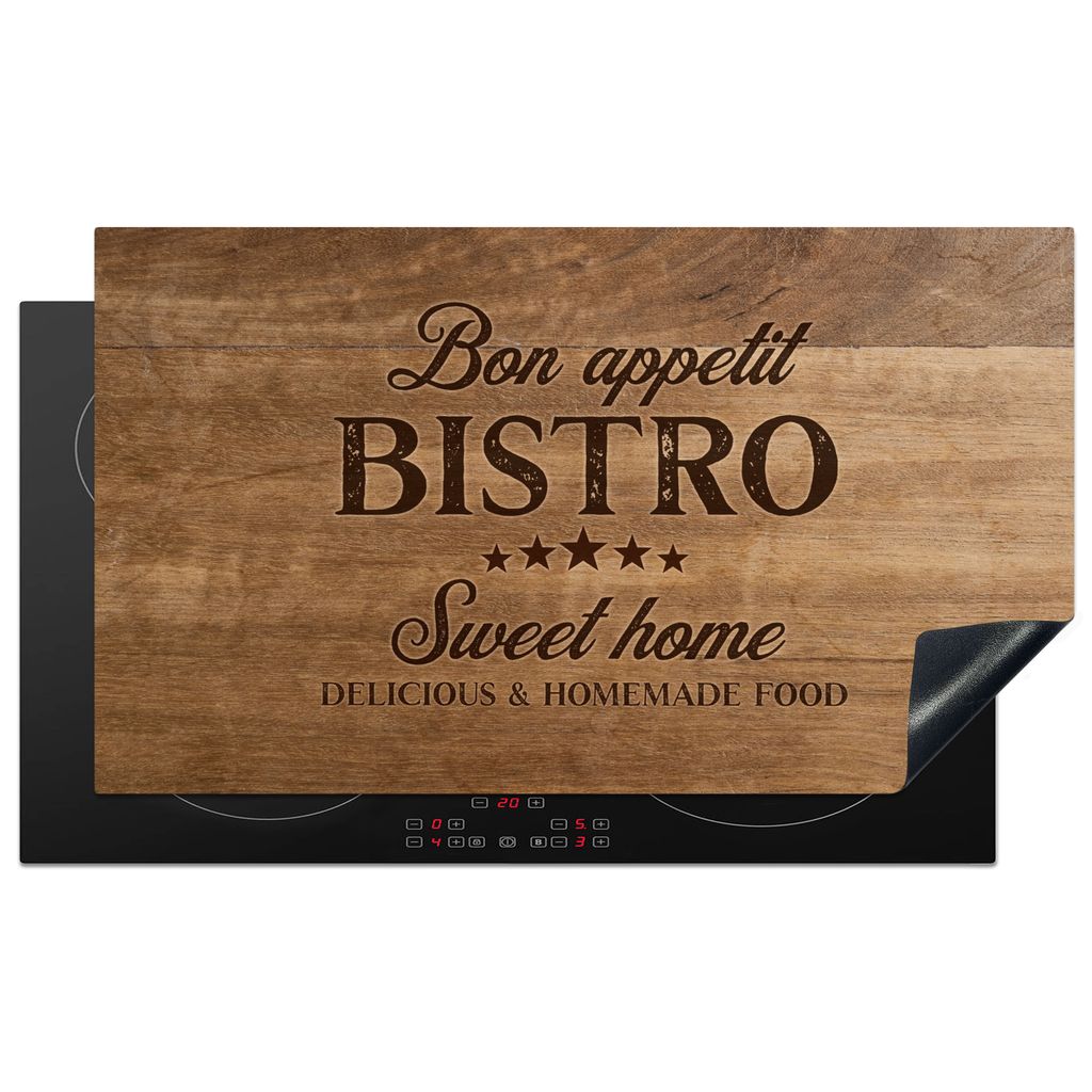 KitchenYeah Herdabdeckplatte Zitat - Bistro - Holzstruktur , 90x52cm, Küche Deko, Glaskeramikkochfeld Herdabdeckung, Abdeckplatte fùr Kochfeld