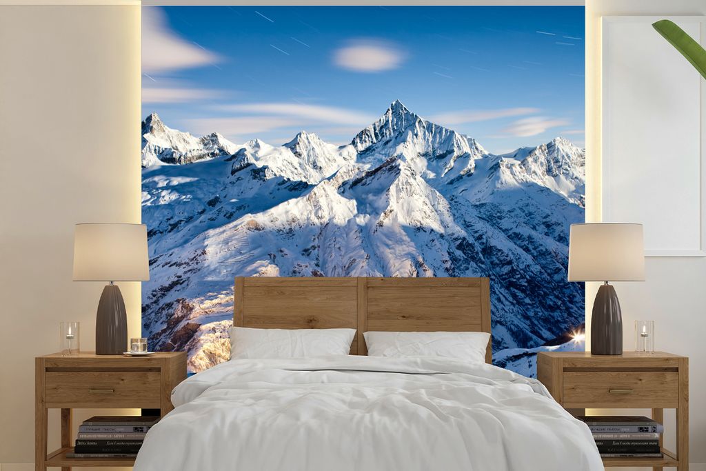MuchoWow Fototapete für Wohnzimmer oder Schlafzimmer Wandtapete Vinyl Motivtapete Alpen - Berg - Schnee - 350x350 cm - Schlafzimmertapete