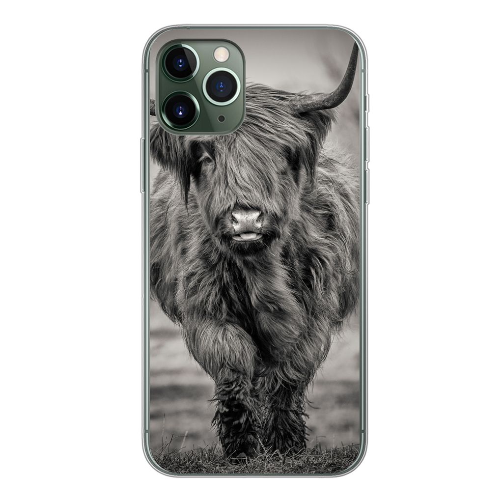 MuchoWow Handyhülle Schutzhülle Hülle für iPhone 11 Pro Schottischer Highlander - Schwarz und Weiß Silikon Softcase Handy Hülle - Handy