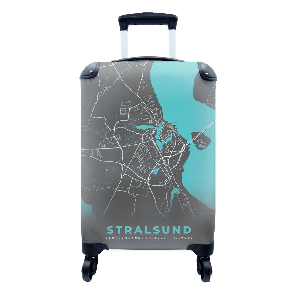 MuchoWow Koffer Handgepäck Trolley Rollkoffer Kleine Reisekoffer mit 4 Rollen - Stadtplan - Deutschland - Blau - Stralsund- Karte - Cabin Size <...