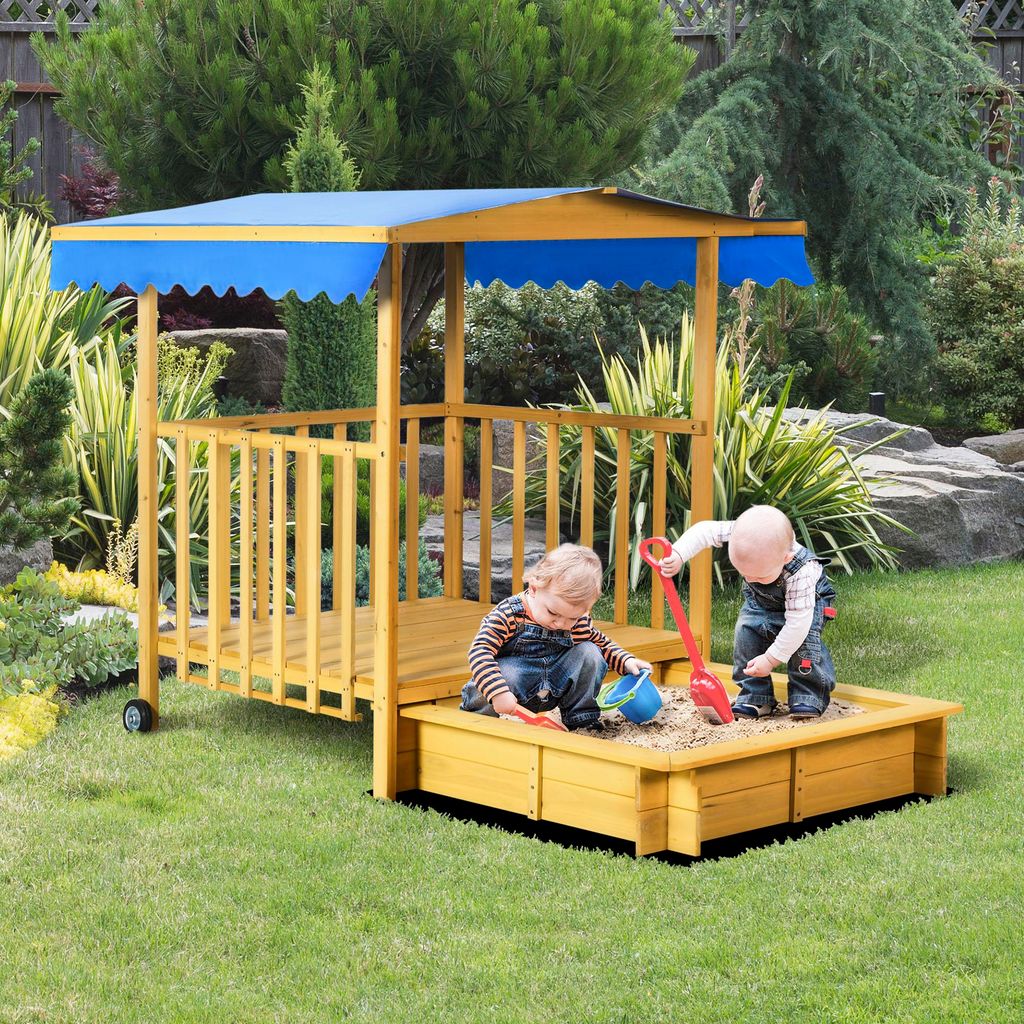 Sandkasten mit Spielhaus und Dach, Sandkiste mit Sitzbank, Fichtenholz, Natur | 133x129x137,5 cm | bis 200 kg Sand | für 3 Kinder