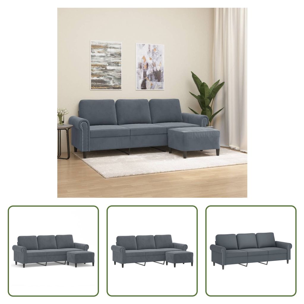 The Living Store 3-Sitzer-Sofa mit Hocker Dunkelgrau 180 cm Samt