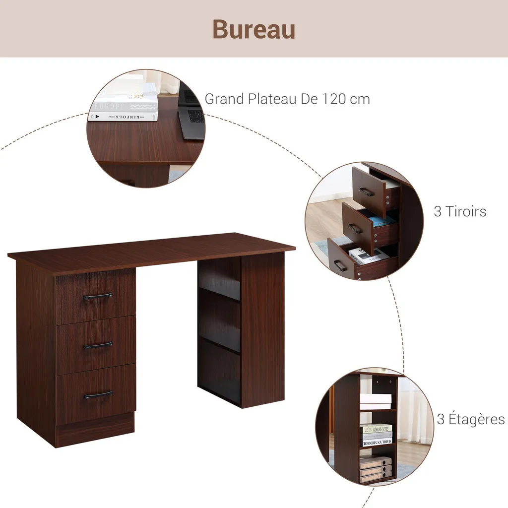 Table informatique réversible avec tiroirs et étagères, bois noyer - 6