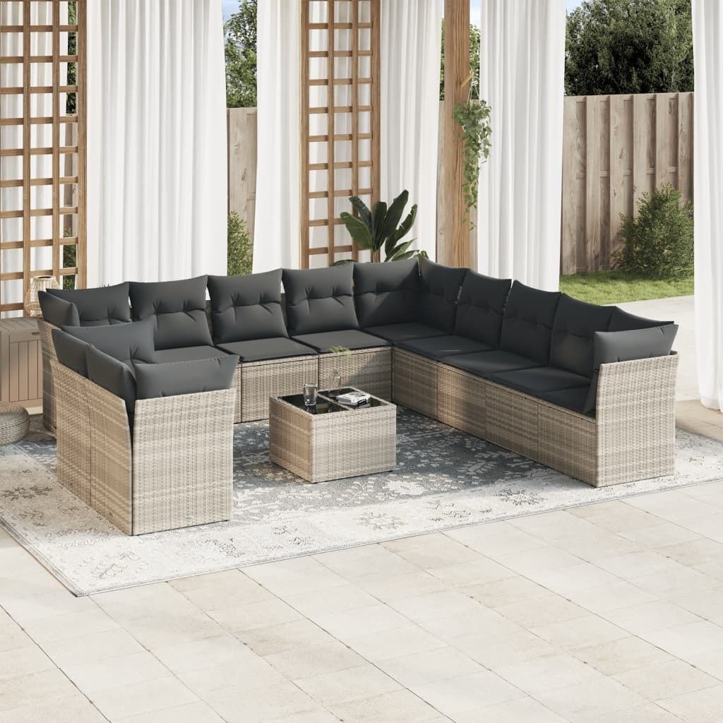 Industrie-Stil 12-tlg. Garten-Sofagarnitur Sofa Set mit Kissen Hellgrau Poly Rattan Terrassenmöbel2024 cloris