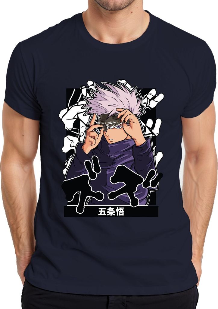 五条悟 Jujutsu Kaisen Satoru Augenbinde weißes Haar Anime Ästhetik Herren T-Shirt, Navy, XL