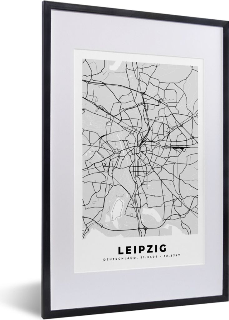 MuchoWow Gerahmtes Poster Leipzig - Stadtplan - Deutschland - Karte 40x60 cm - Poster mit Schwarzem Bilderrahmen Wandposter Rahmen Foto Bilder - ...