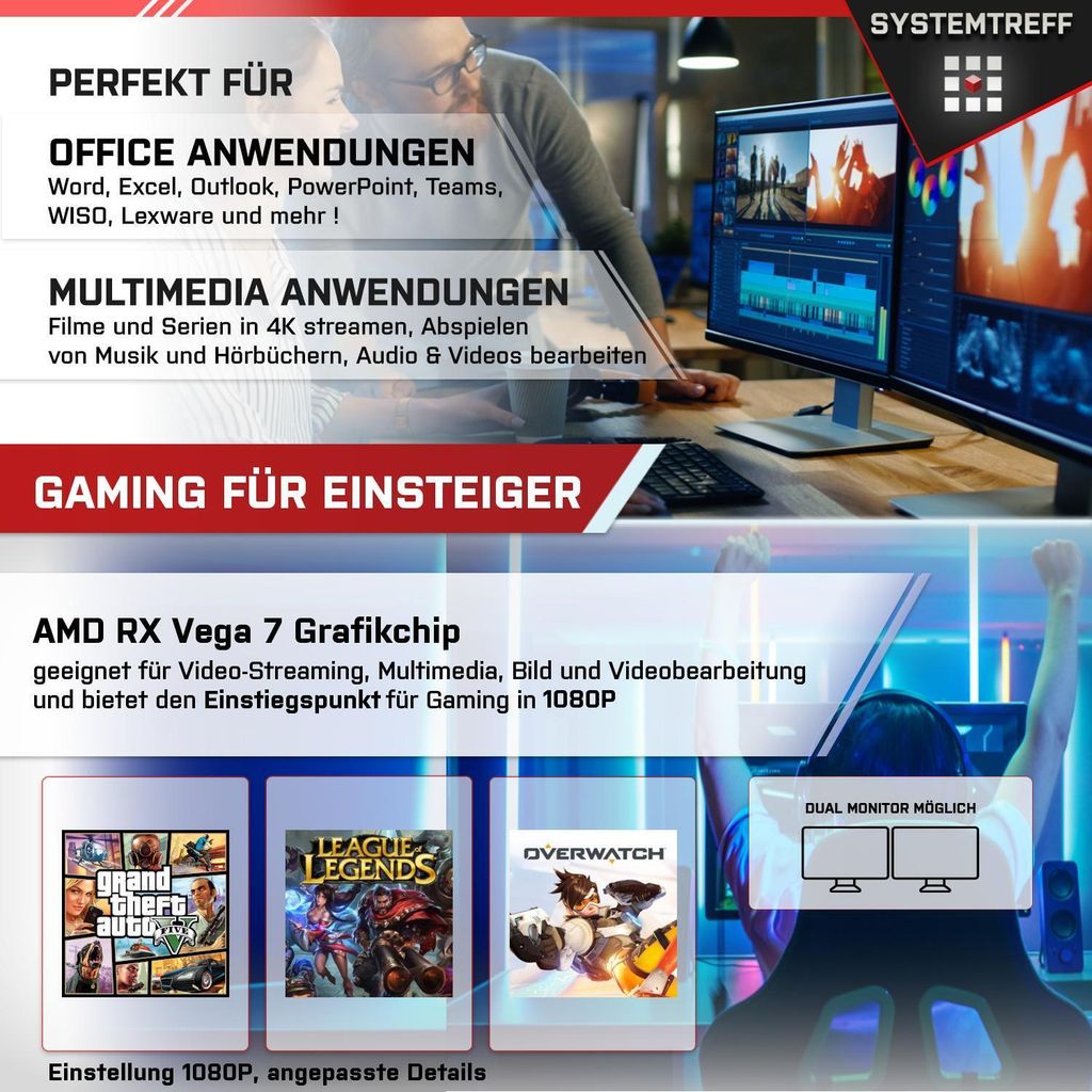SYSTEMTREFF Gaming Komplett PC - Ryzen 5 5600G - AMD RX Produktbild 5