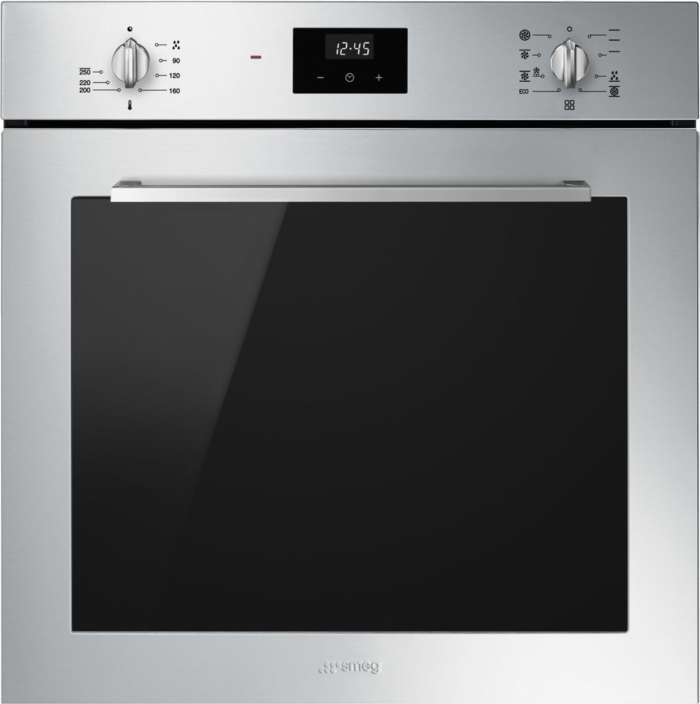 A front view of a stainless steel oven with a black glass door.