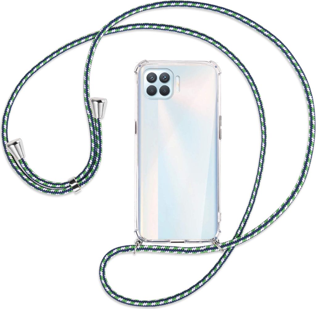 Handykette Backcover-Schutzhülle mit Band (Metall silberfarben) für Oppo A93 - grün/blau/weiß