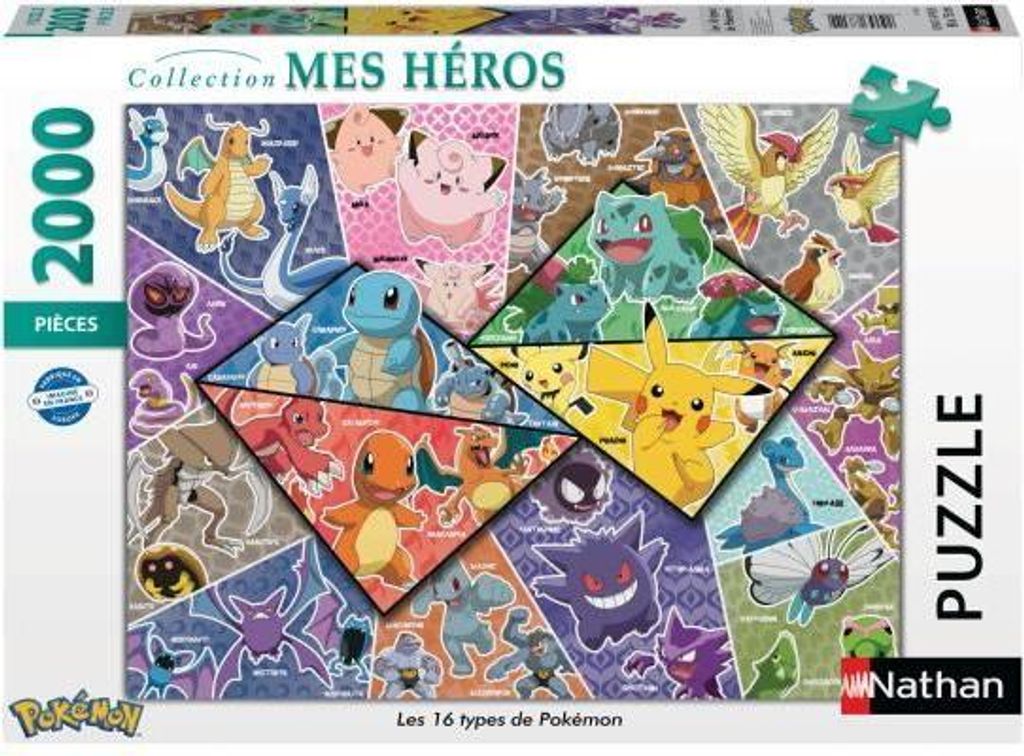 Puzzle Nathan Pokémon, 2000 Teile, Die 16 Pokémon-Typen, 98 x 75 cm