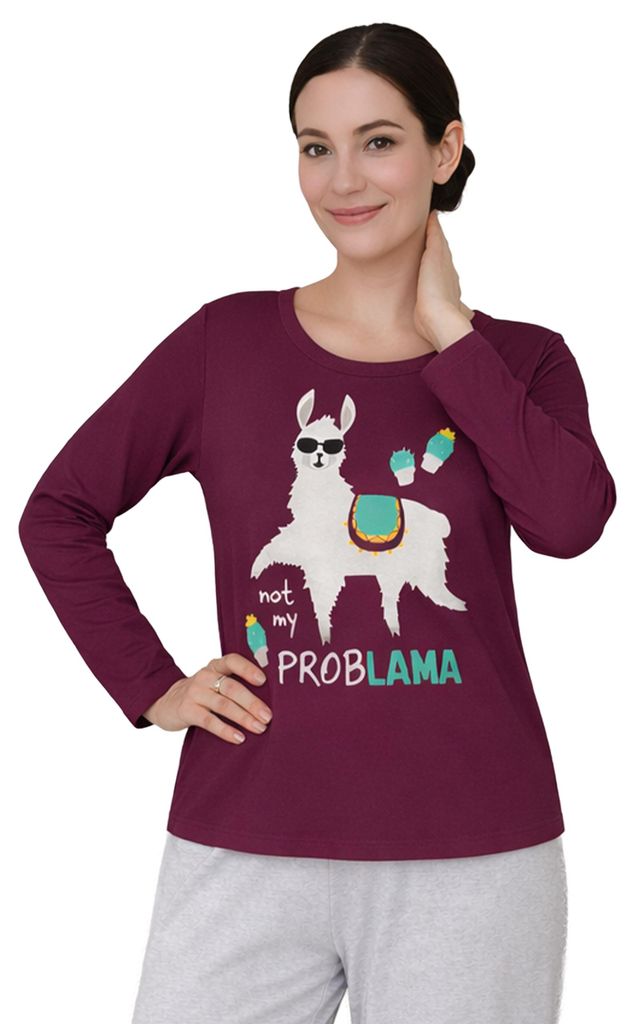 Schlafanzug für Damen - Not my ProbLAMA Pyjama Set Langarm Oberteil mit Hose Grau/Rot L