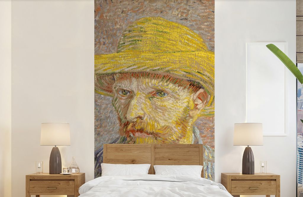 MuchoWow Fototapete für Wohnzimmer oder Schlafzimmer Wandtapete Vinyl Motivtapete Selbstbildnis mit Strohhut - Vincent van Gogh - 120x240 cm - H...