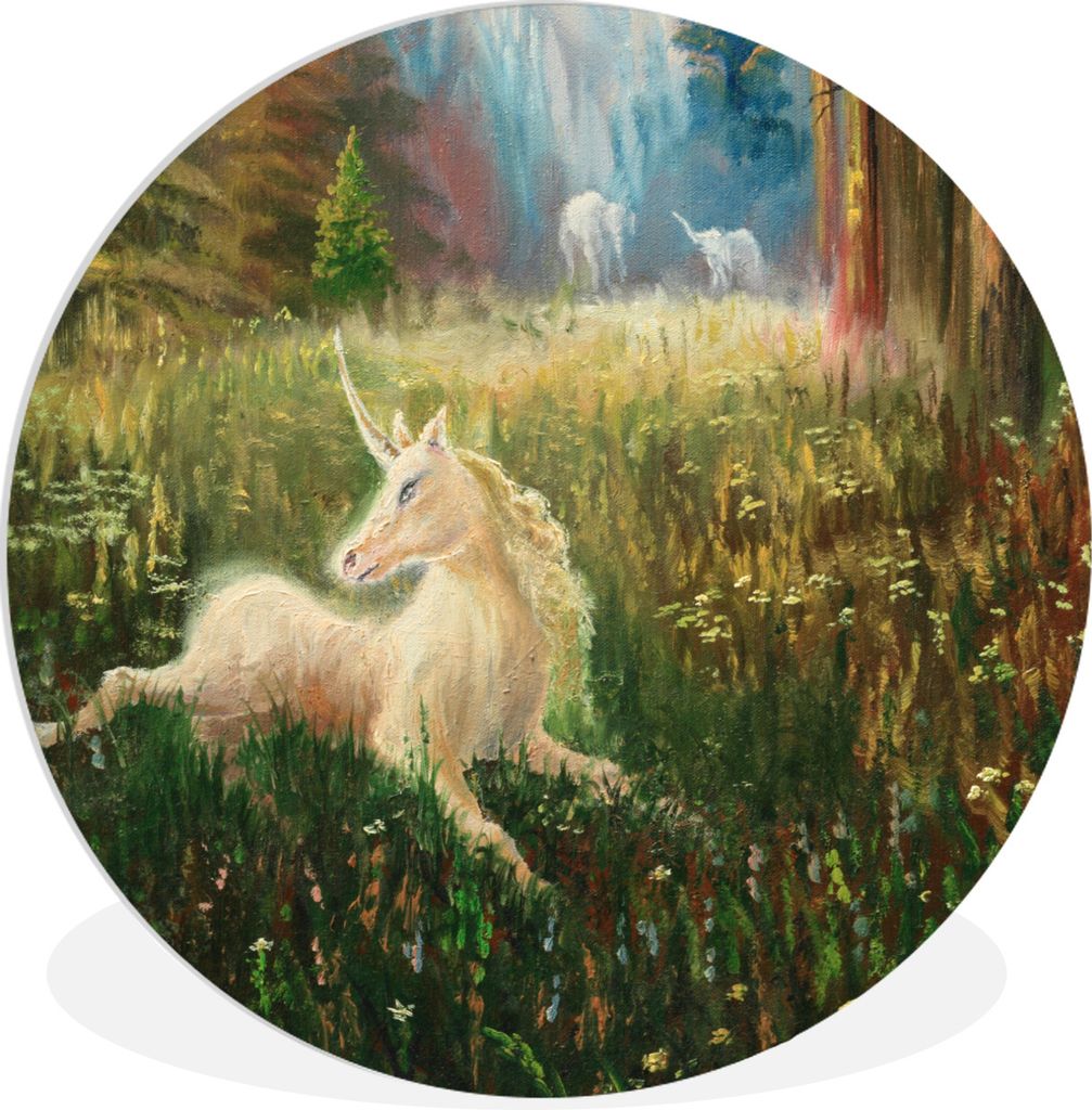 MuchoWow Rundes Wandbild - Runde Bilder Eine Illustration eines Einhorns in einem Wald - Mädchen - Kinder - Kinder Ø 60 cm Kreis Wanddekoration...