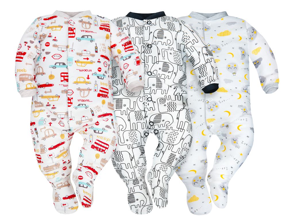 DOLCE SONNO 3er-Set Baby Schlafstrampler mit Langarm – Elefanten, Autos, Monde – 100% Baumwolle – Größe 62