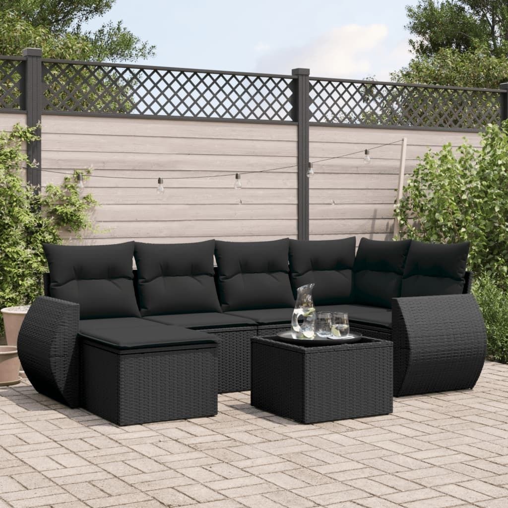 7-tlg. Garten-Sofagarnitur - mit Kissen Schwarz Poly Rattan - Gartenmöbelset 3254002