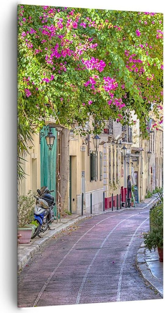 Bild auf Leinwand - Leinwandbild - Straße dekoration blumen griechenland - 65x120cm - Wand Bild - Wanddeko - Leinwanddruck - Bilder - Kunstdruck -...