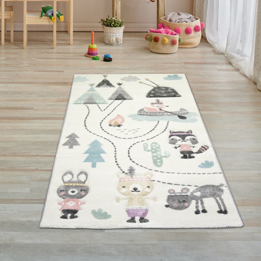 Kinderzimmer Teppich - Bären auf dem Campingplatz - creme türkis Größe - 80 x 150 cm