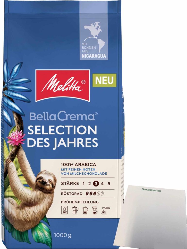 Melitta Ganze Kaffeebohnen Bella Crema Selection des Jahres 100% Arabica Röstgrad 3 (1kg Packung) + usy Block