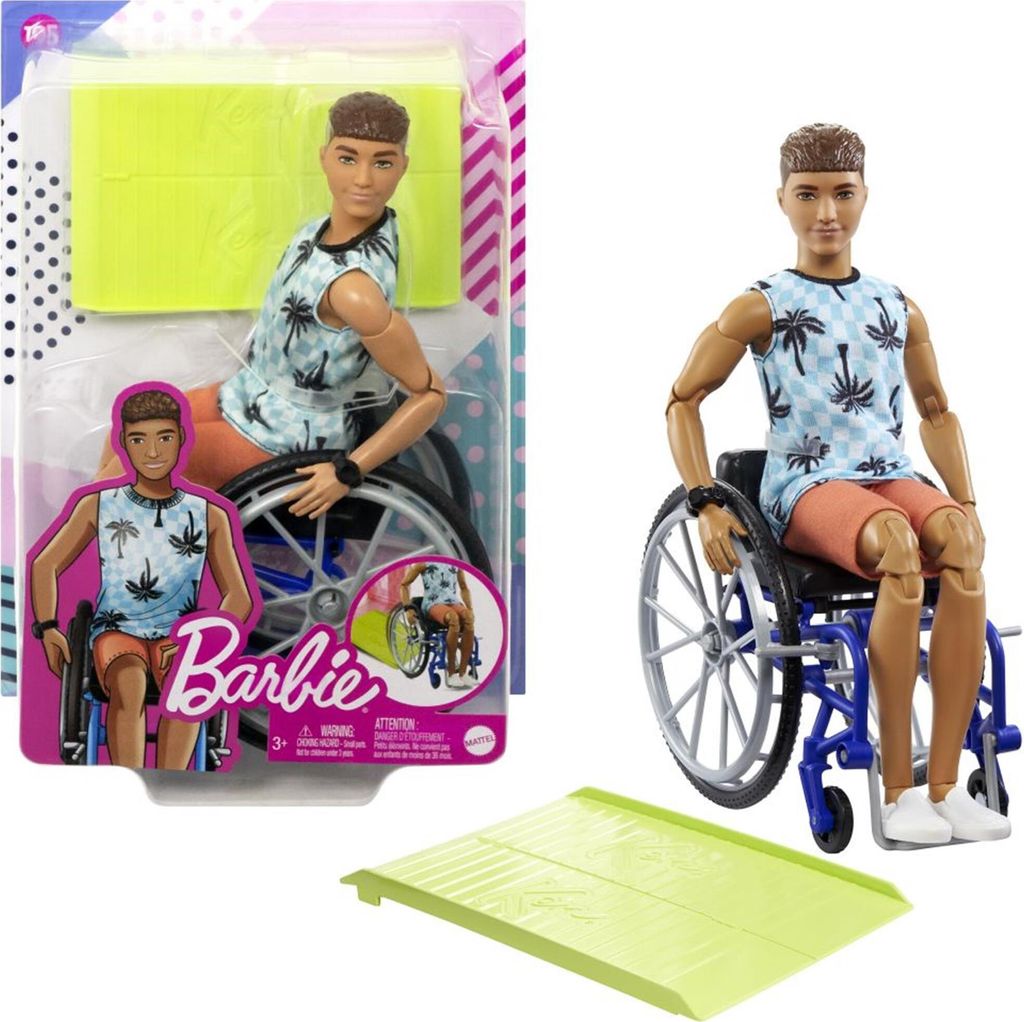 A Barbie Ken doll in a wheelchair, shown both in its packaging and as a standalone product, with an accessory ramp.