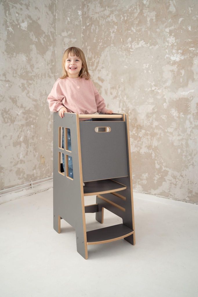 Kitchen Helper Extra Safe – sicherer und stabiler Lernturm für Kinder, höhenverstellbare Standfläche, robuste Konstruktion, Farbe Grau, CE-zer...
