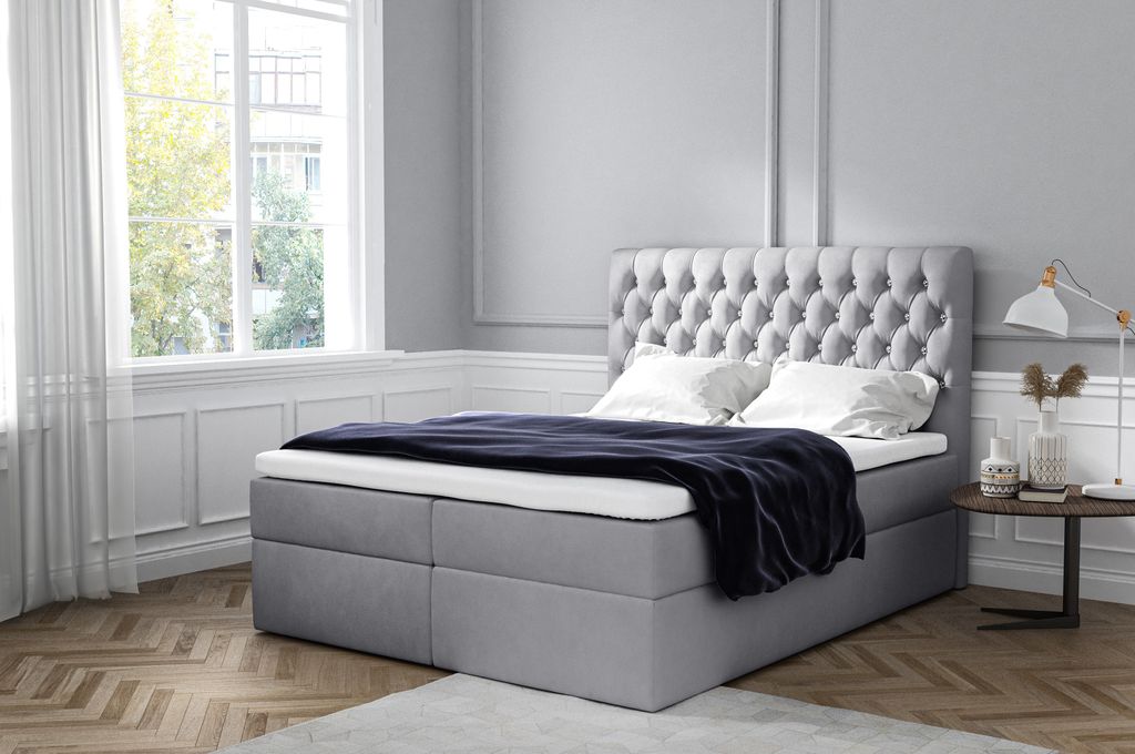Boxspringbett MOVET , Pocket Matraze Topper , 180 x 200 cm , ( Grau - Jasmine 90 )