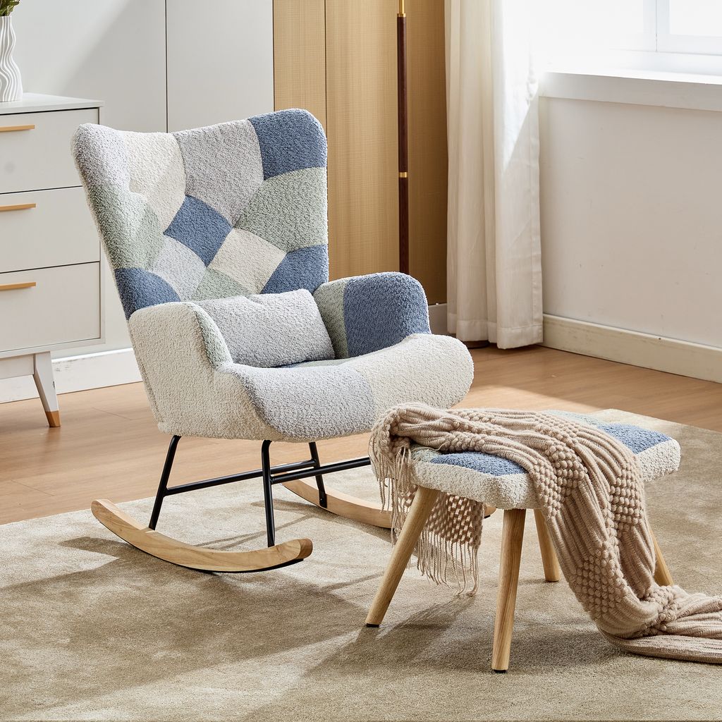 Merax Schaukelstuhl Relaxsessel mit Fußhocker, Patchwork Produktbild 