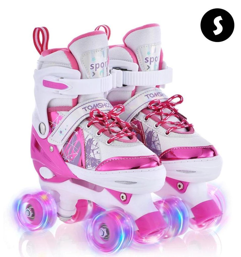 Damen Rollschuhe - Quad Rollschuhe - Verstellbare Größe S - 4 Rollen - PolyurethanLED-Rollen - Für Erwachsene - Rosa