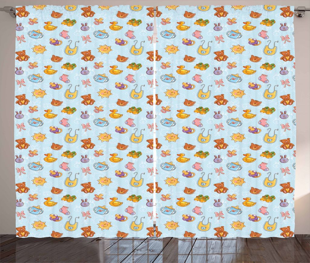 ABAKUHAUS Baby Rustikaler Gardine, Sun Ribbon Teddybär, Schlafzimmer Kräuselband Vorhang mit Schlaufen und Haken, 280 x 245 cm, Hellblau Zimt