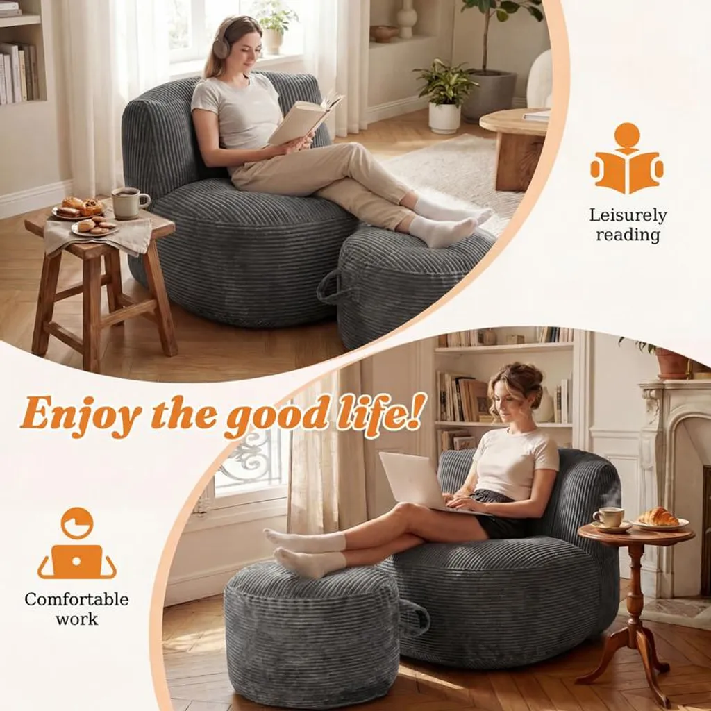 Fauteuil de chambre confortable gris en flanelle avec pouf rond de repos - 6